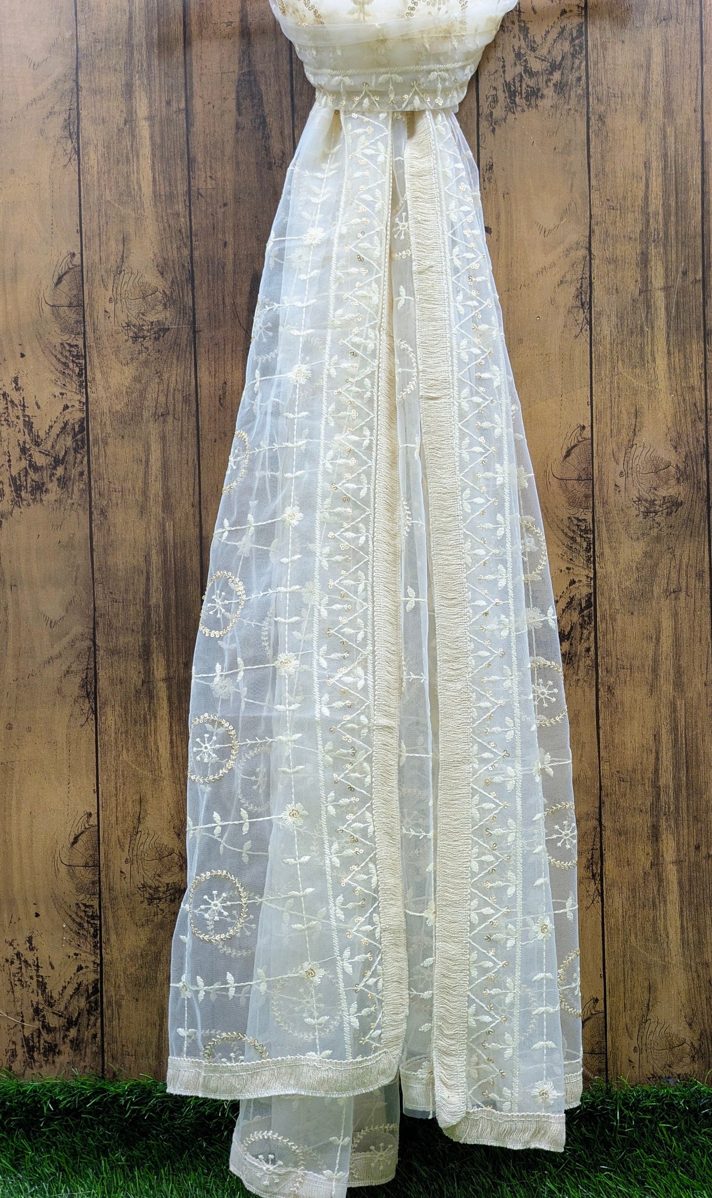 Off White Embroidered Stole/ dupatta, Sequins Net, Tulle Mesh Fabric, Embroidered Fabric, Bridal Fabric, Wedding Dupatta DP28