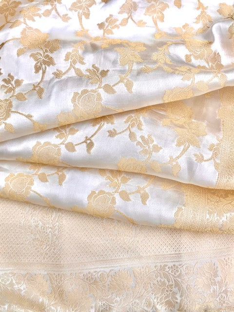 Off White and Gold Brocade Banarasi Silk Stole/dupatta, Fabric, Bridal Fabric, Saree Drape, Vail, Wedding Fabric DP11