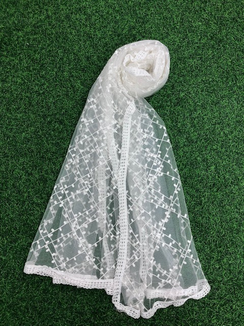 White Embroidered Stole/ dupatta, Tulle, Net Fabric, Embroidered Bridal Wedding Fabric, Saree Drape, Veil, Abaya, Mesh Fabric DP30