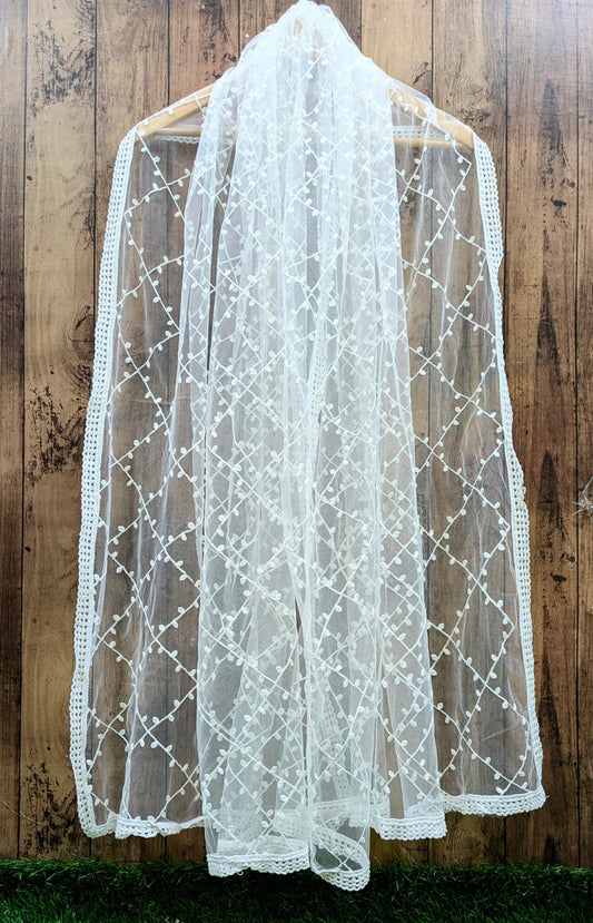 White Embroidered Stole/ dupatta, Tulle, Net Fabric, Embroidered Bridal Wedding Fabric, Saree Drape, Veil, Abaya, Mesh Fabric DP30