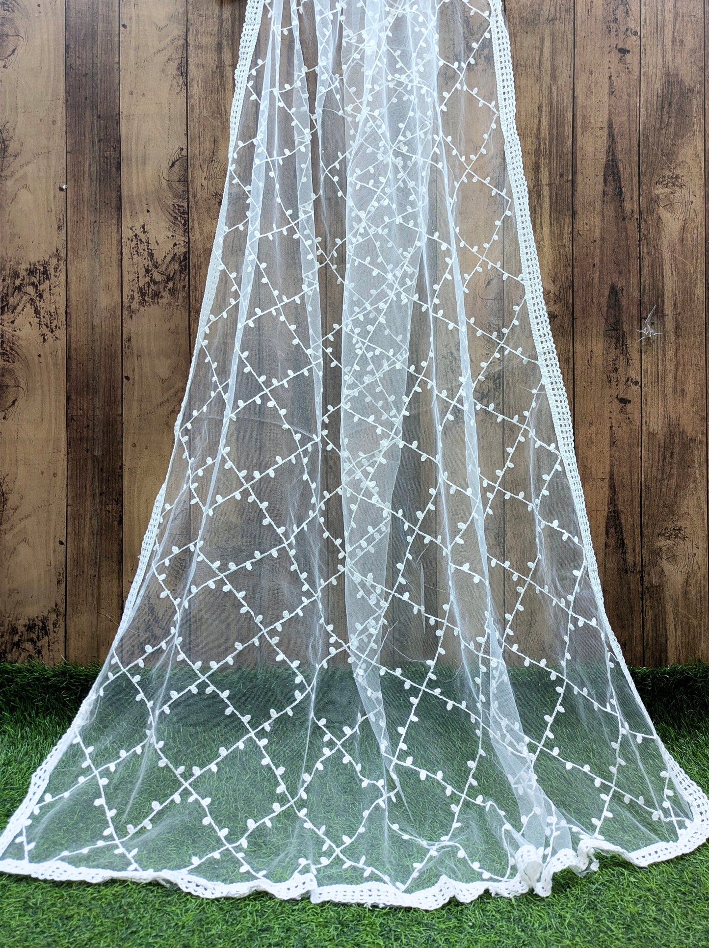 White Embroidered Stole/ dupatta, Tulle, Net Fabric, Embroidered Bridal Wedding Fabric, Saree Drape, Veil, Abaya, Mesh Fabric DP30
