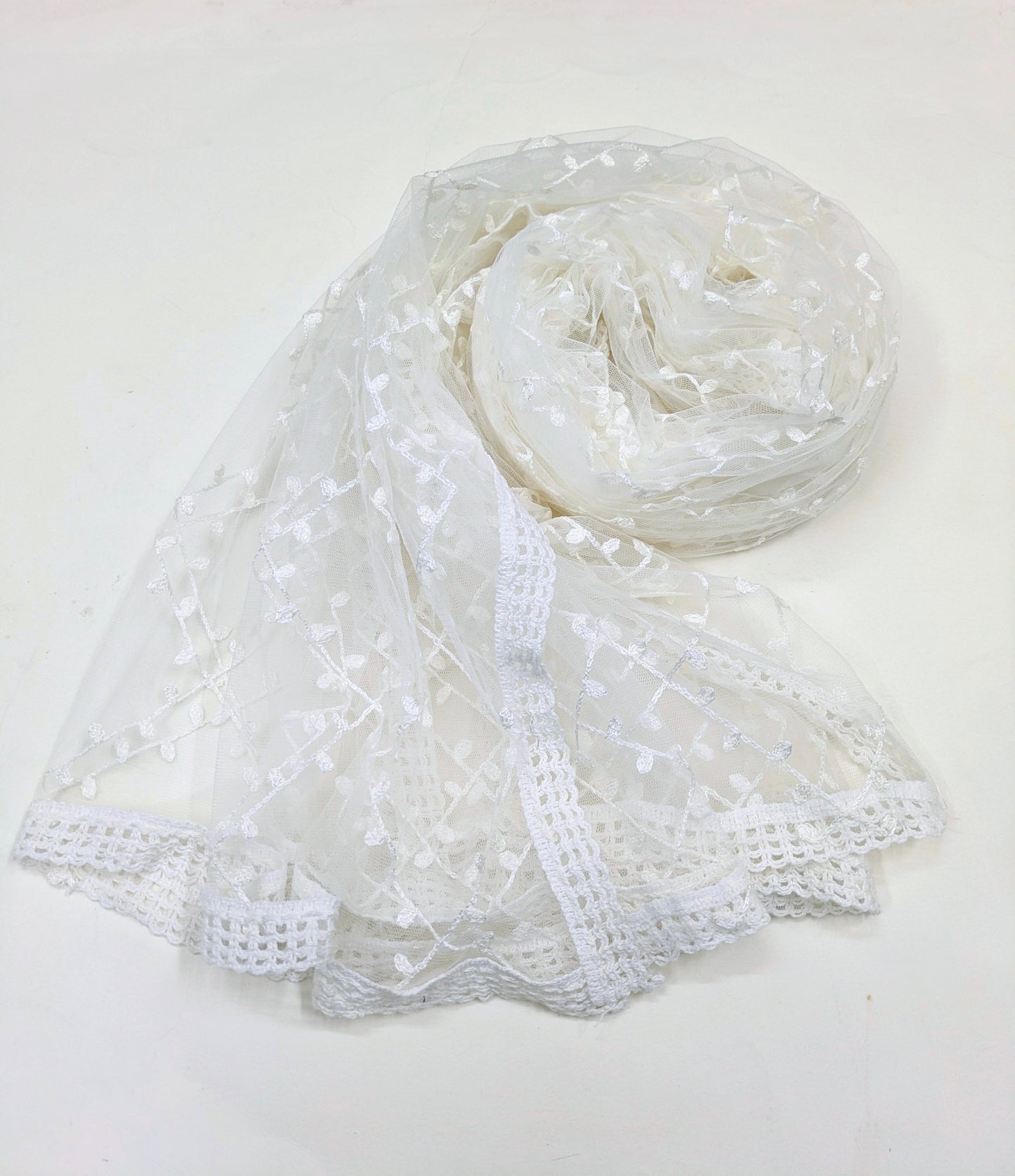 White Embroidered Stole/ dupatta, Tulle, Net Fabric, Embroidered Bridal Wedding Fabric, Saree Drape, Veil, Abaya, Mesh Fabric DP30