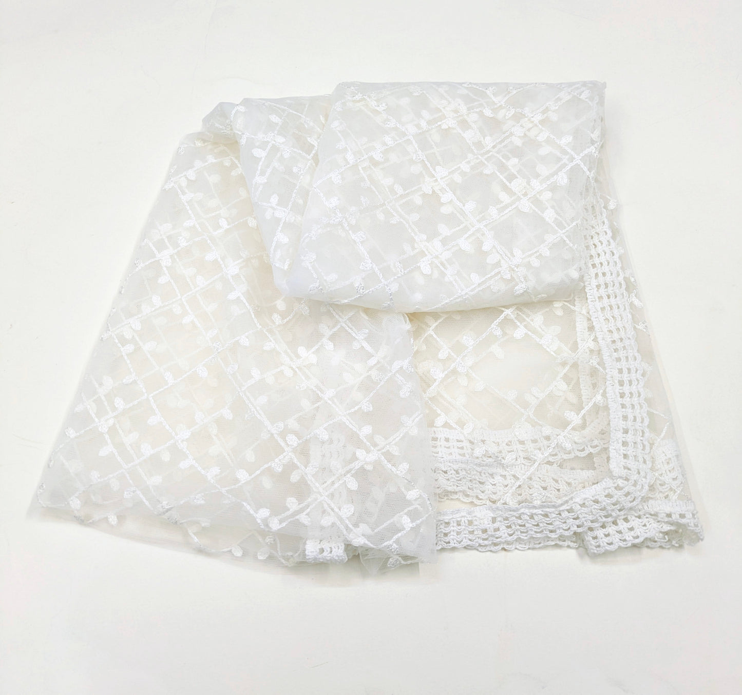 White Embroidered Stole/ dupatta, Tulle, Net Fabric, Embroidered Bridal Wedding Fabric, Saree Drape, Veil, Abaya, Mesh Fabric DP30