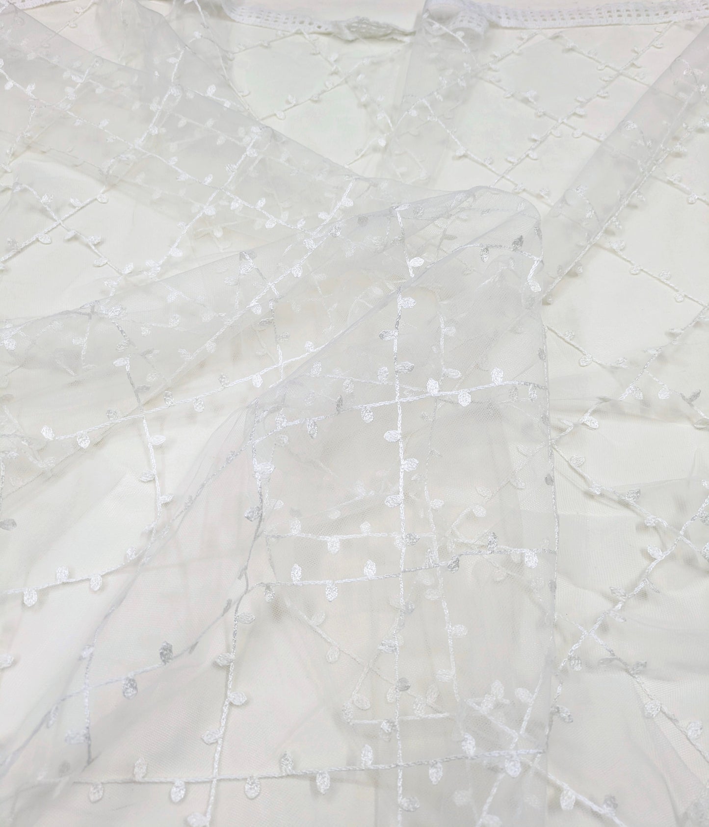 White Embroidered Stole/ dupatta, Tulle, Net Fabric, Embroidered Bridal Wedding Fabric, Saree Drape, Veil, Abaya, Mesh Fabric DP30