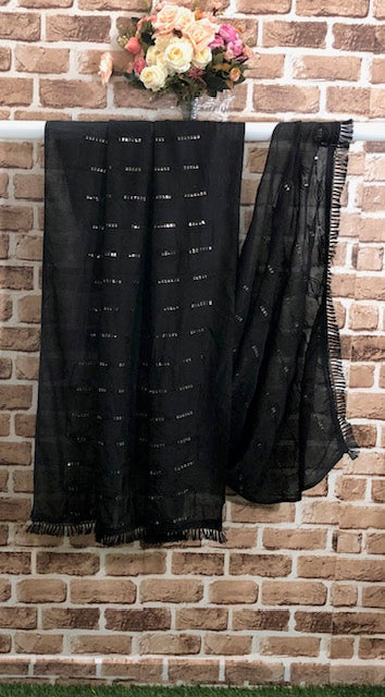 Black Cotton Dupatta With Thread and Sequins embroidery, Scarf, Indian Stole, Shawl, Handmade Indian cotton fabric DP34