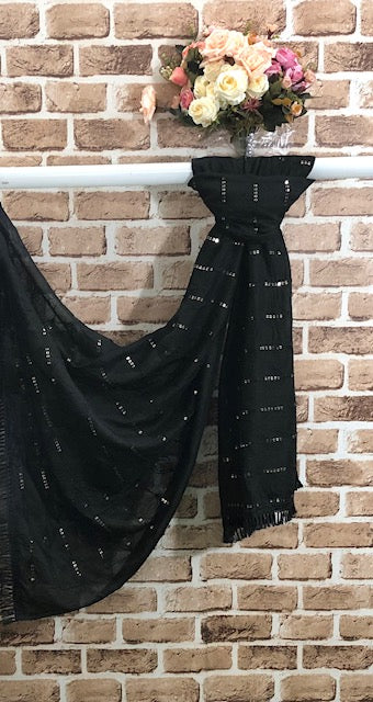 Black Cotton Dupatta With Thread and Sequins embroidery, Scarf, Indian Stole, Shawl, Handmade Indian cotton fabric DP34