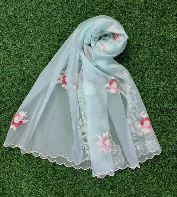 Baby blue Organza Silk Embroidered Dupatta for Women, Stole, Scarf, shawl, abaya, Chunri, Embroidered Indian fabric, Veil DP35