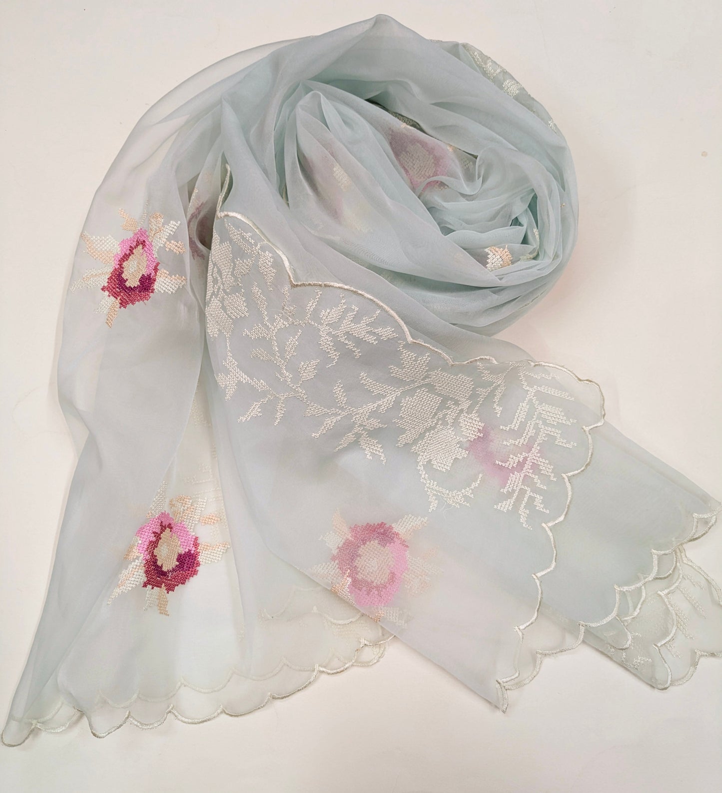 Baby blue Organza Silk Embroidered Dupatta for Women, Stole, Scarf, shawl, abaya, Chunri, Embroidered Indian fabric, Veil DP35