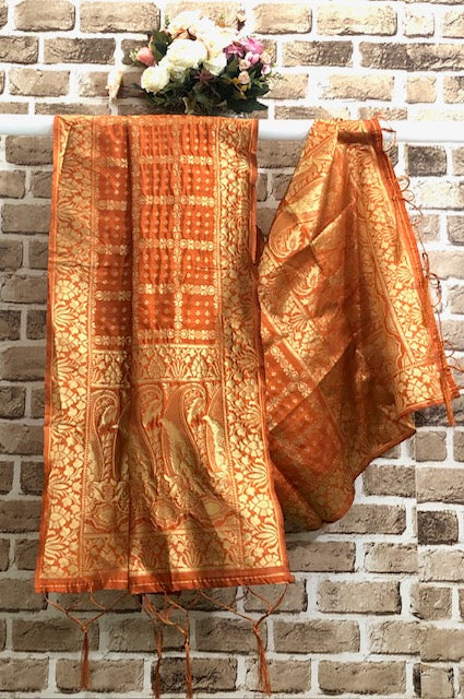 Orange and Gold Indian Handloom Dupatta for Women, Shawl, Viscose silk Dupatta, Salwar Suit, Veil, Chunari, Stole, Scarf DP36