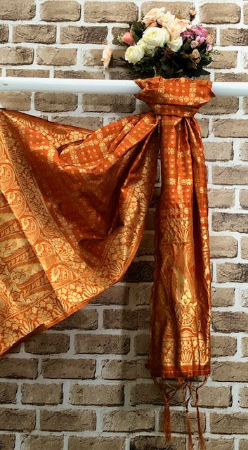 Orange and Gold Indian Handloom Dupatta for Women, Shawl, Viscose silk Dupatta, Salwar Suit, Veil, Chunari, Stole, Scarf DP36