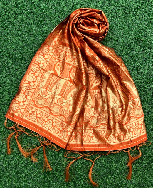 Orange and Gold Indian Handloom Dupatta for Women, Shawl, Viscose silk Dupatta, Salwar Suit, Veil, Chunari, Stole, Scarf DP36