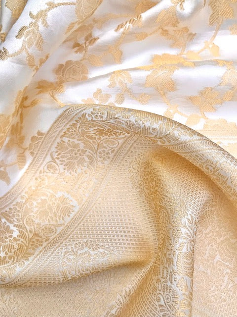 Off White and Gold Brocade Banarasi Silk Stole/dupatta, Fabric, Bridal Fabric, Saree Drape, Vail, Wedding Fabric DP11