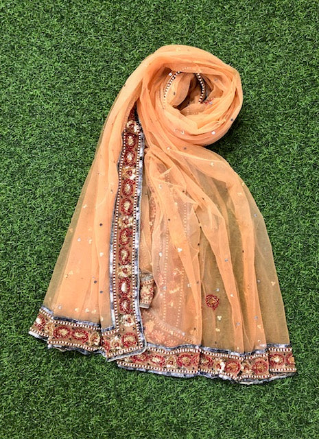 Indian Hand Embroidered Stole/ Dupatta tulle Fabric in Tan color, veil, Scarf, and bridal dupatta fabric - DP42