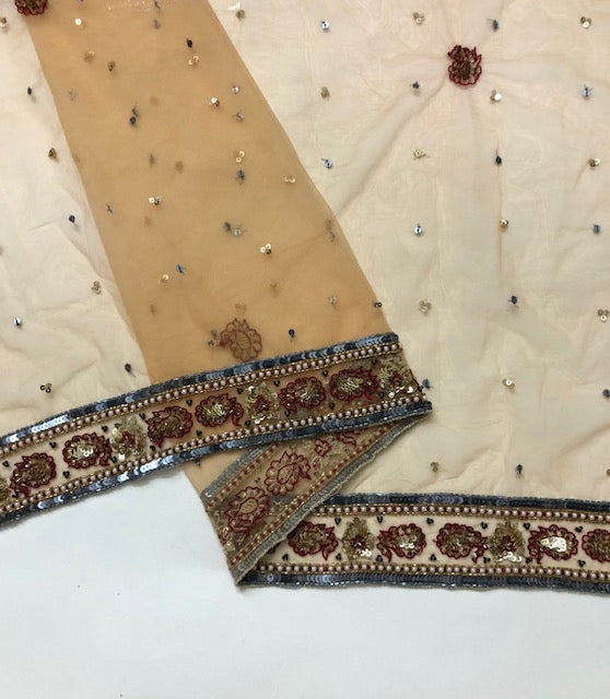 Indian Hand Embroidered Stole/ Dupatta tulle Fabric in Tan color, veil, Scarf, and bridal dupatta fabric - DP42