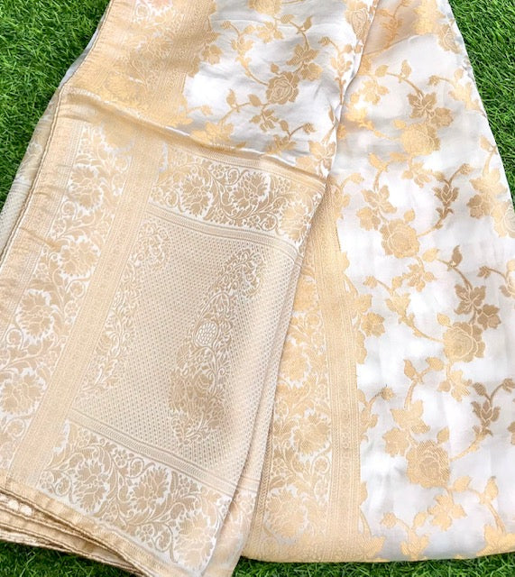 Off White and Gold Brocade Banarasi Silk Stole/dupatta, Fabric, Bridal Fabric, Saree Drape, Vail, Wedding Fabric DP11