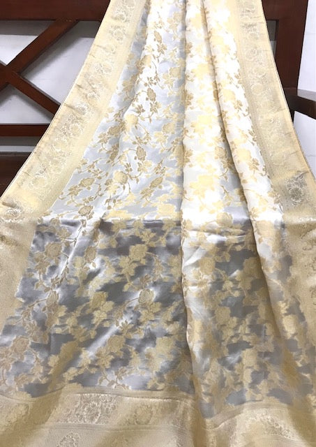 Off White and Gold Brocade Banarasi Silk Stole/dupatta, Fabric, Bridal Fabric, Saree Drape, Vail, Wedding Fabric DP11