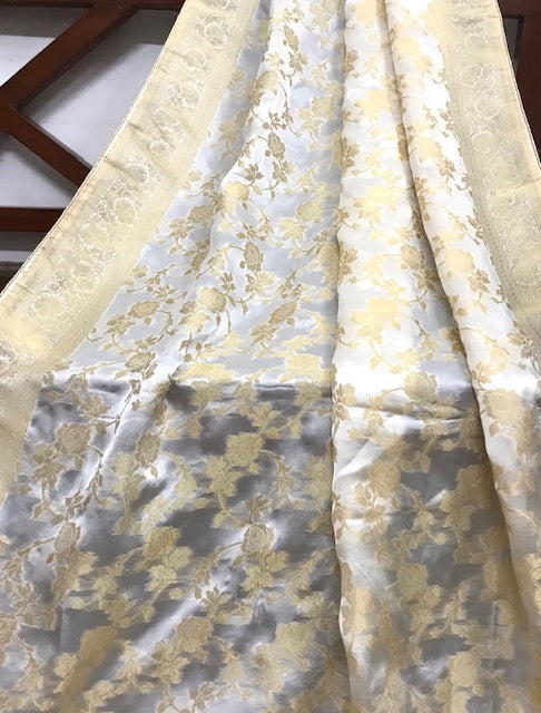 Off White and Gold Brocade Banarasi Silk Stole/dupatta, Fabric, Bridal Fabric, Saree Drape, Vail, Wedding Fabric DP11