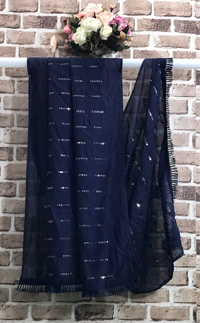 Navy Blue Cotton Dupatta With Thread and Sequins embroidery, Scarf, Indian Stole, Shawl, Handmade Indian cotton fabric DP930