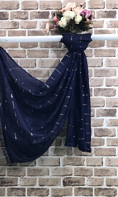 Navy Blue Cotton Dupatta With Thread and Sequins embroidery, Scarf, Indian Stole, Shawl, Handmade Indian cotton fabric DP930