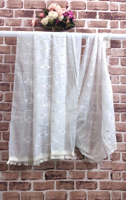 Off-White Thread and Sequins Blended cotton Indian Scarf, Indian Style dupatta, Stole, Scarf, Shawl, Indian cotton fabric - DP913