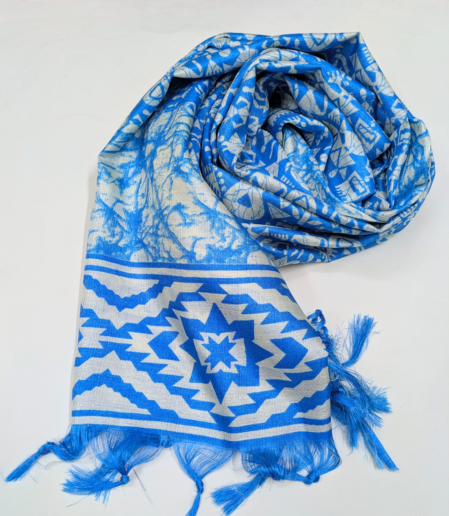 Blue and White Ikat Weave Dupatta for Women, Viscose Silk Stole, Chunni, Scarf, Shawl, Abaya, Ethnic dress, Christmas Gifts DP914