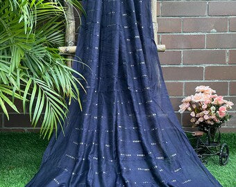 Navy Blue Cotton Dupatta With Thread and Sequins embroidery, Scarf, Indian Stole, Shawl, Handmade Indian cotton fabric DP930