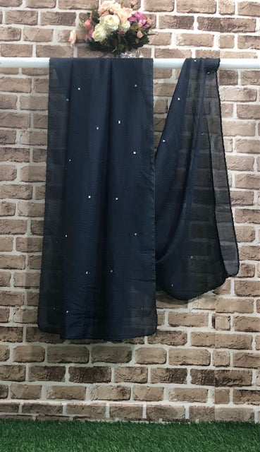 Slate Blue Cotton Dupatta With Thread and Sequins embroidery, Scarf, Indian Stole, Shawl, Handmade Indian cotton fabric DP937