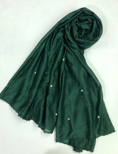 Green Embroidered Dupatta, Stole, Scarf, Chunari, Cotton Blend, Viscose Silk Shawl, Indian Dupatta, Abaya DP938