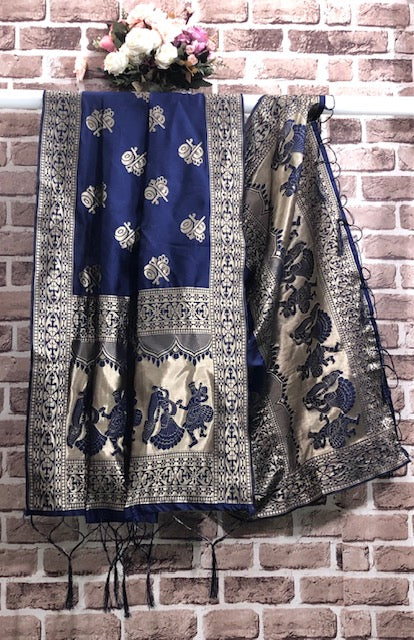 Navy Blue and Gold Banarasi brocade Scarf/ Dupatta/ Stole/ Shawl, Viscose Silk Dupatta, Bridal dress fabric, veil, DP942