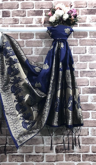 Navy Blue and Gold Banarasi brocade Scarf/ Dupatta/ Stole/ Shawl, Viscose Silk Dupatta, Bridal dress fabric, veil, DP942