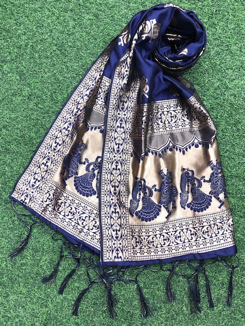 Navy Blue and Gold Banarasi brocade Scarf/ Dupatta/ Stole/ Shawl, Viscose Silk Dupatta, Bridal dress fabric, veil, DP942