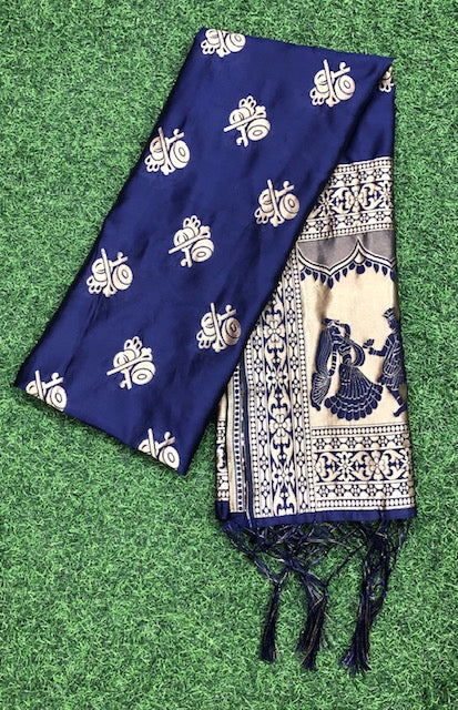 Navy Blue and Gold Banarasi brocade Scarf/ Dupatta/ Stole/ Shawl, Viscose Silk Dupatta, Bridal dress fabric, veil, DP942