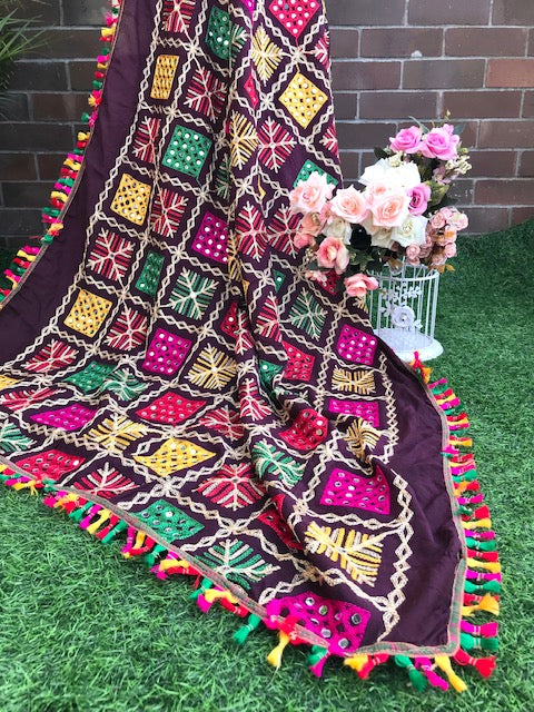 Brown and Gold Phulkari Embroidered Dupatta for Women, Scarf, Stole, Shawl, Veil, Abaya, Punjabi Bridal Dress, Gift for Her DP949