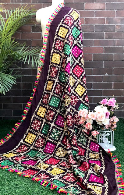 Brown and Gold Phulkari Embroidered Dupatta for Women, Scarf, Stole, Shawl, Veil, Abaya, Punjabi Bridal Dress, Gift for Her DP949