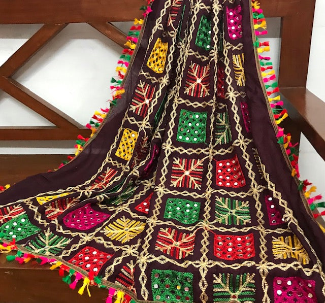 Brown and Gold Phulkari Embroidered Dupatta for Women, Scarf, Stole, Shawl, Veil, Abaya, Punjabi Bridal Dress, Gift for Her DP949