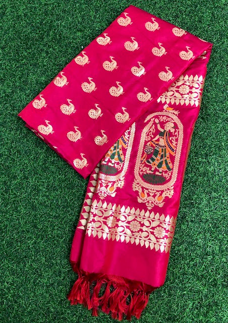 Pink and Gold Indian Banarasi Scarf, Dupatta for women, Viscose silk Stole, Shawl, Bridal Dress, Bridesmaid Gits Veil, DP958