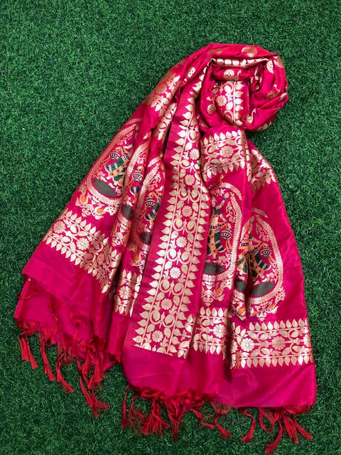 Pink and Gold Indian Banarasi Scarf, Dupatta for women, Viscose silk Stole, Shawl, Bridal Dress, Bridesmaid Gits Veil, DP958