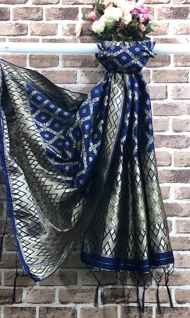 Navy blue and Gold Indian Handloom Scarf, Brocade Dupatta for Women, Shawl, Stole, Bridal fabric, Bridemaid gifts, Veil, DP981