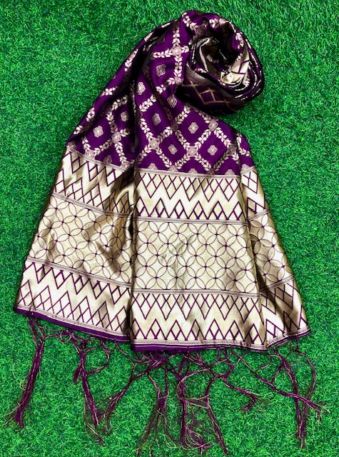 Purple Gold Handloom Scarf, Viscose silk dupatta for women, Shawl, Stole, Scarf, bridal Dress Fabric, Headdress, Veil, Chunari, DP983