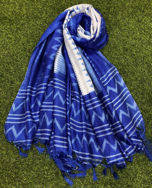 Blue and White Ikat Weave Dupatta for Women, Viscose Silk Stole, Chunni, Scarf, Shawl, Abaya, Ethnic dress, Christmas Gifts DP992