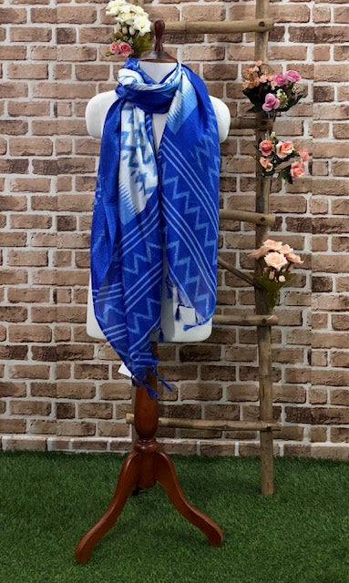 Blue and White Ikat Weave Dupatta for Women, Viscose Silk Stole, Chunni, Scarf, Shawl, Abaya, Ethnic dress, Christmas Gifts DP992