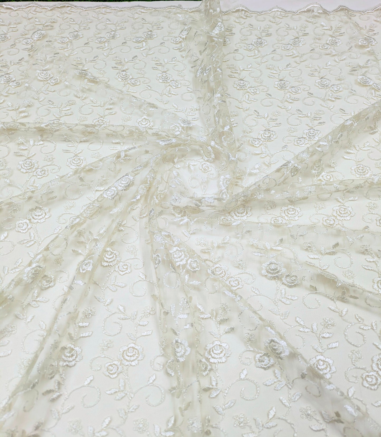 Off White Embroidered Stole/Dupatta, Sequins Net, Mesh, Tulle Embroidered Bridal Fabric, Saree Drape, Veil, Wedding Fabric DP1035