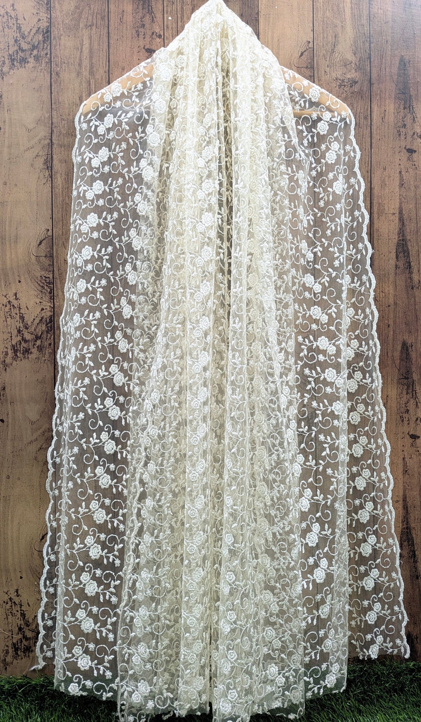 Off White Embroidered Stole/Dupatta, Sequins Net, Mesh, Tulle Embroidered Bridal Fabric, Saree Drape, Veil, Wedding Fabric DP1035