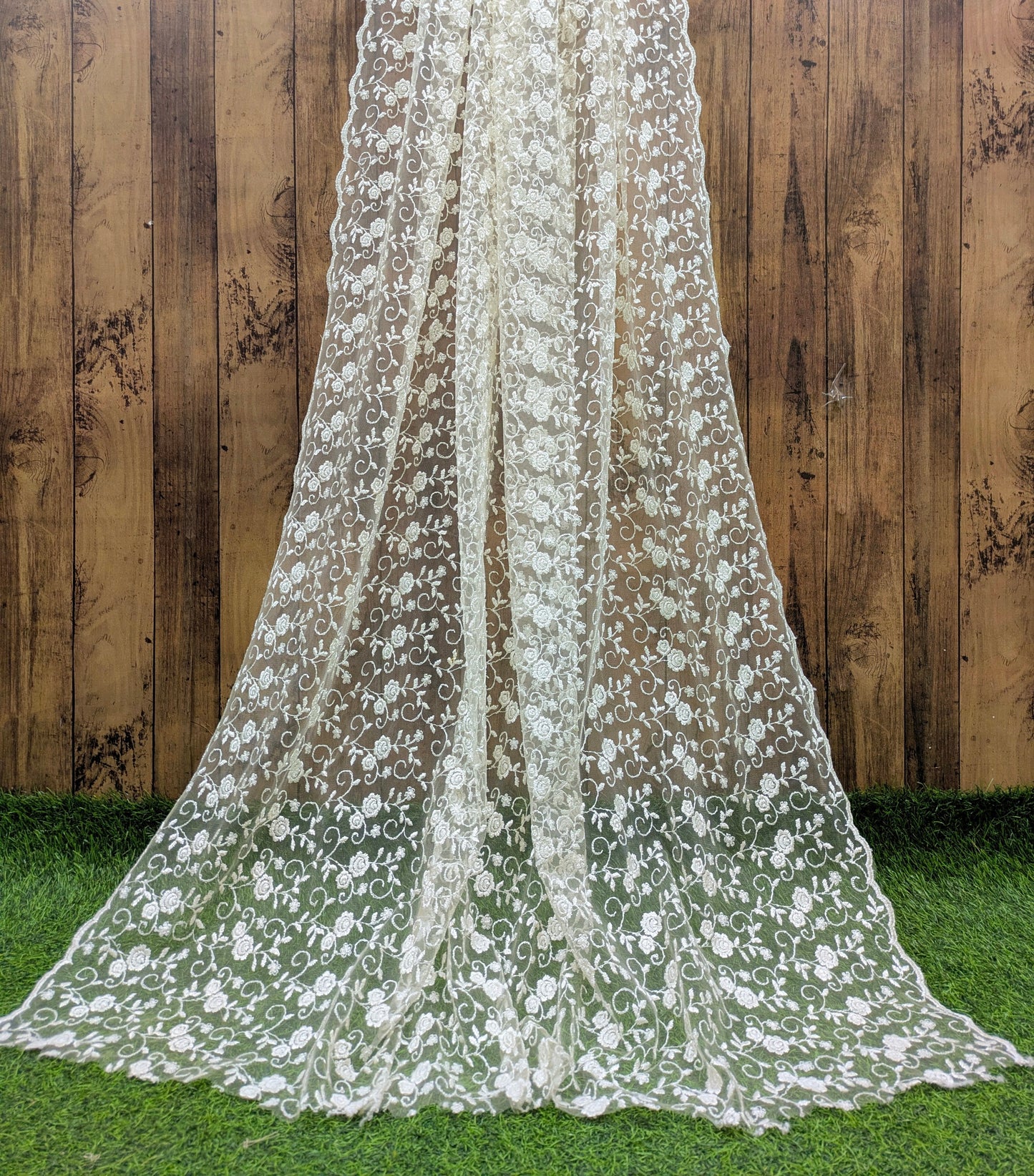 Off White Embroidered Stole/Dupatta, Sequins Net, Mesh, Tulle Embroidered Bridal Fabric, Saree Drape, Veil, Wedding Fabric DP1035