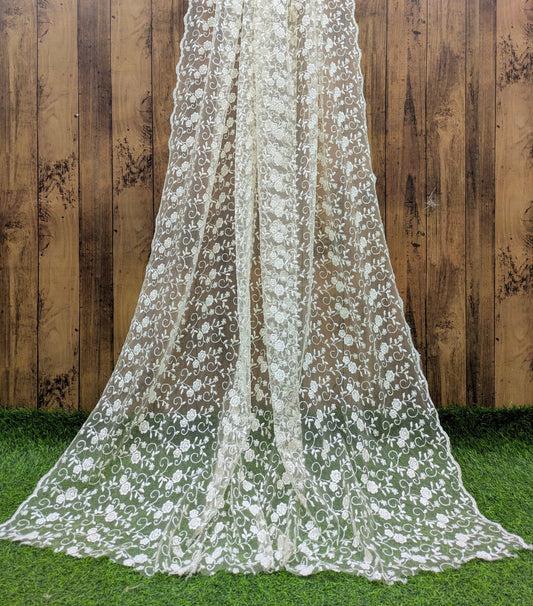 Off White Embroidered Stole/Dupatta, Sequins Net, Mesh, Tulle Embroidered Bridal Fabric, Saree Drape, Veil, Wedding Fabric DP1035