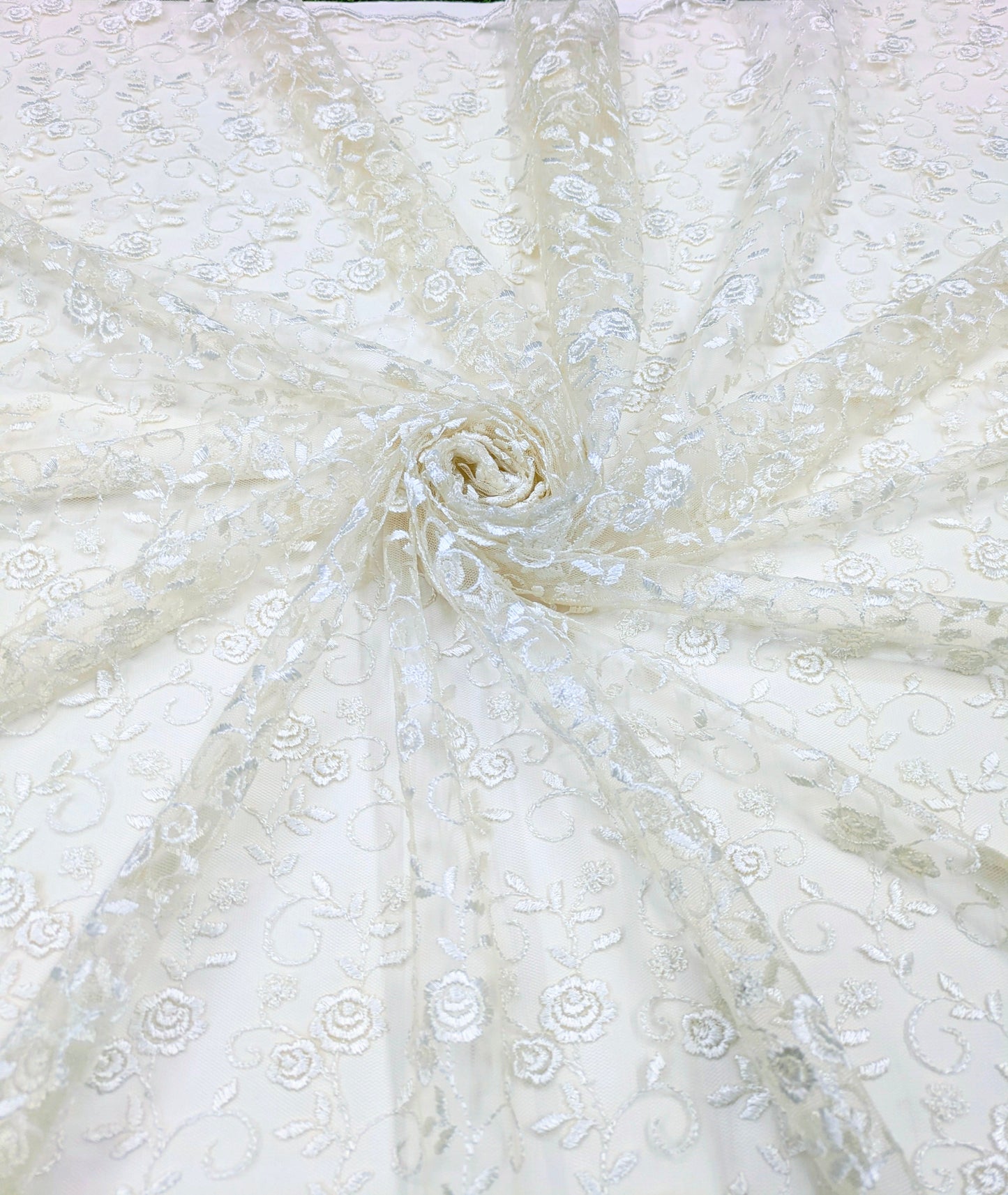 Off White Embroidered Stole/Dupatta, Sequins Net, Mesh, Tulle Embroidered Bridal Fabric, Saree Drape, Veil, Wedding Fabric DP1035