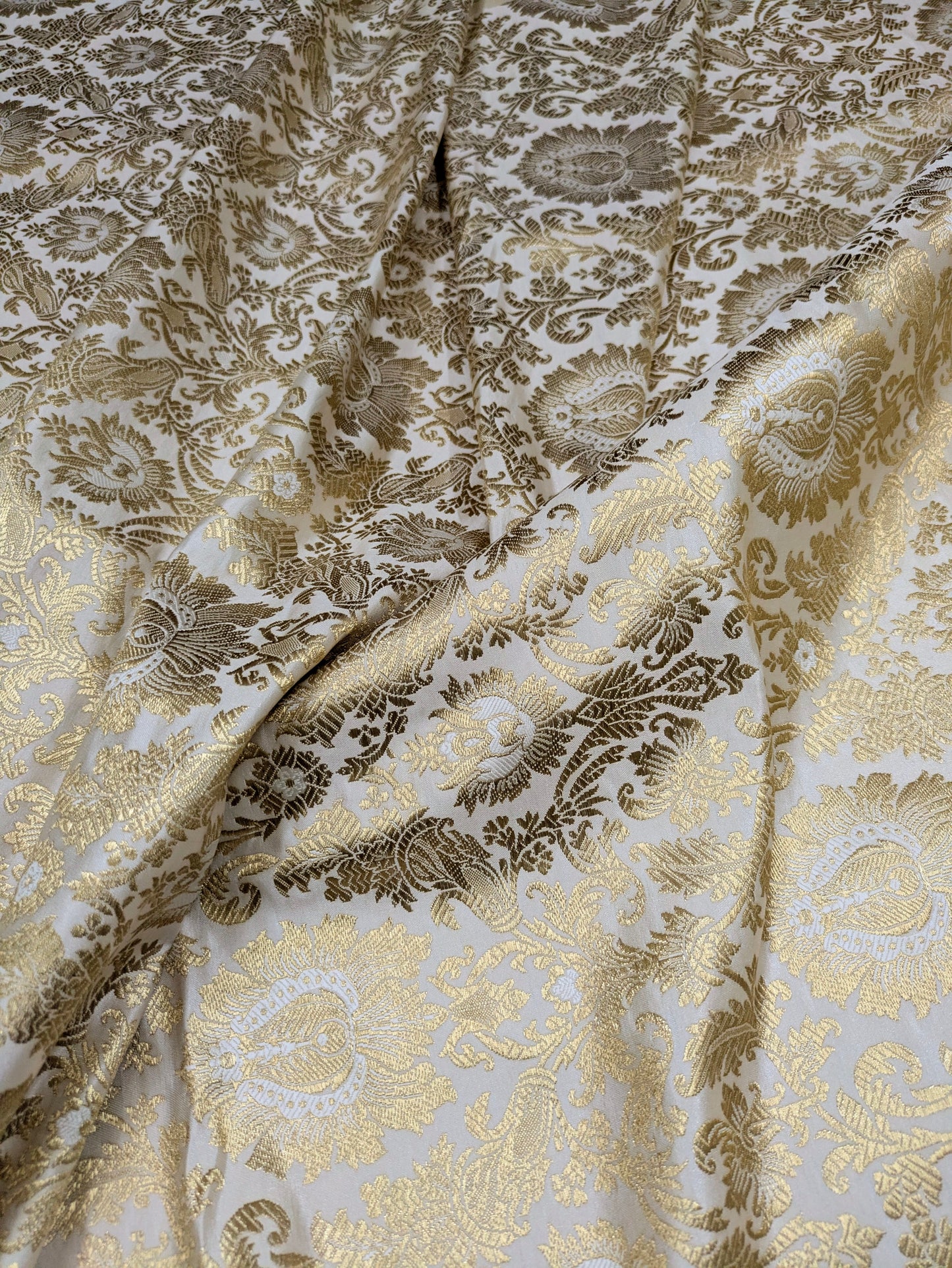 Gold Brocade fabric Jacquard damask fabric White Wedding bridal fabric Home decor fabric silk dress Brocade Fabric by the yard- NFAF01