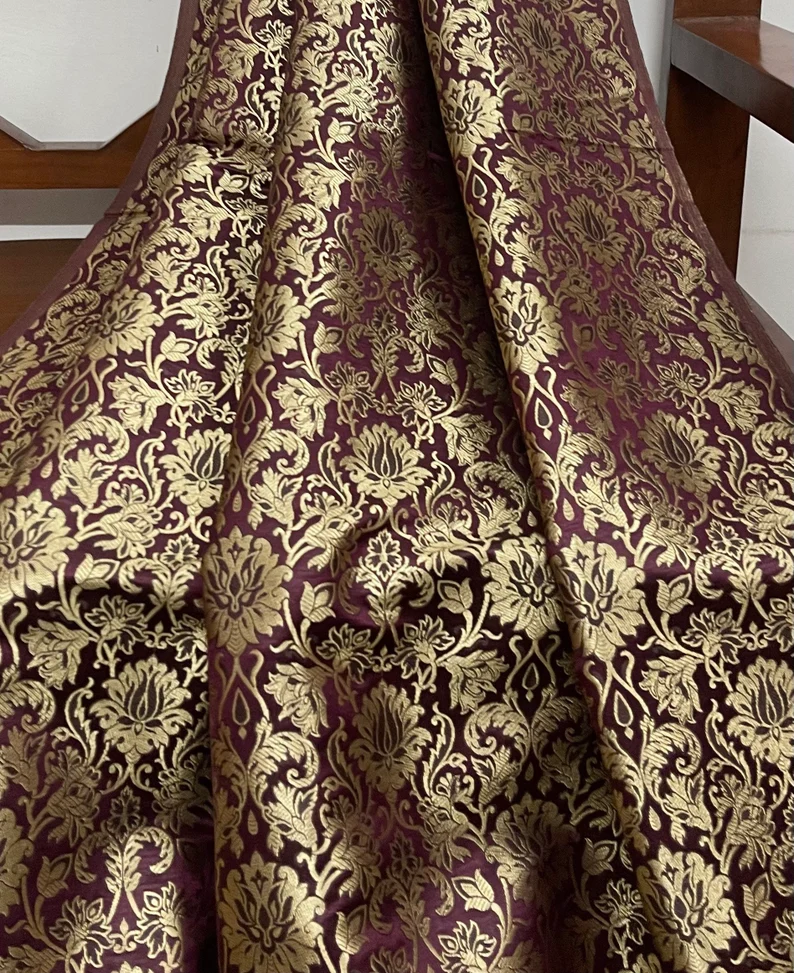 Indian Banarasi Brocade Fabric in Wine and Gold color, Multiple lengths will come in the continuous piece - NF10