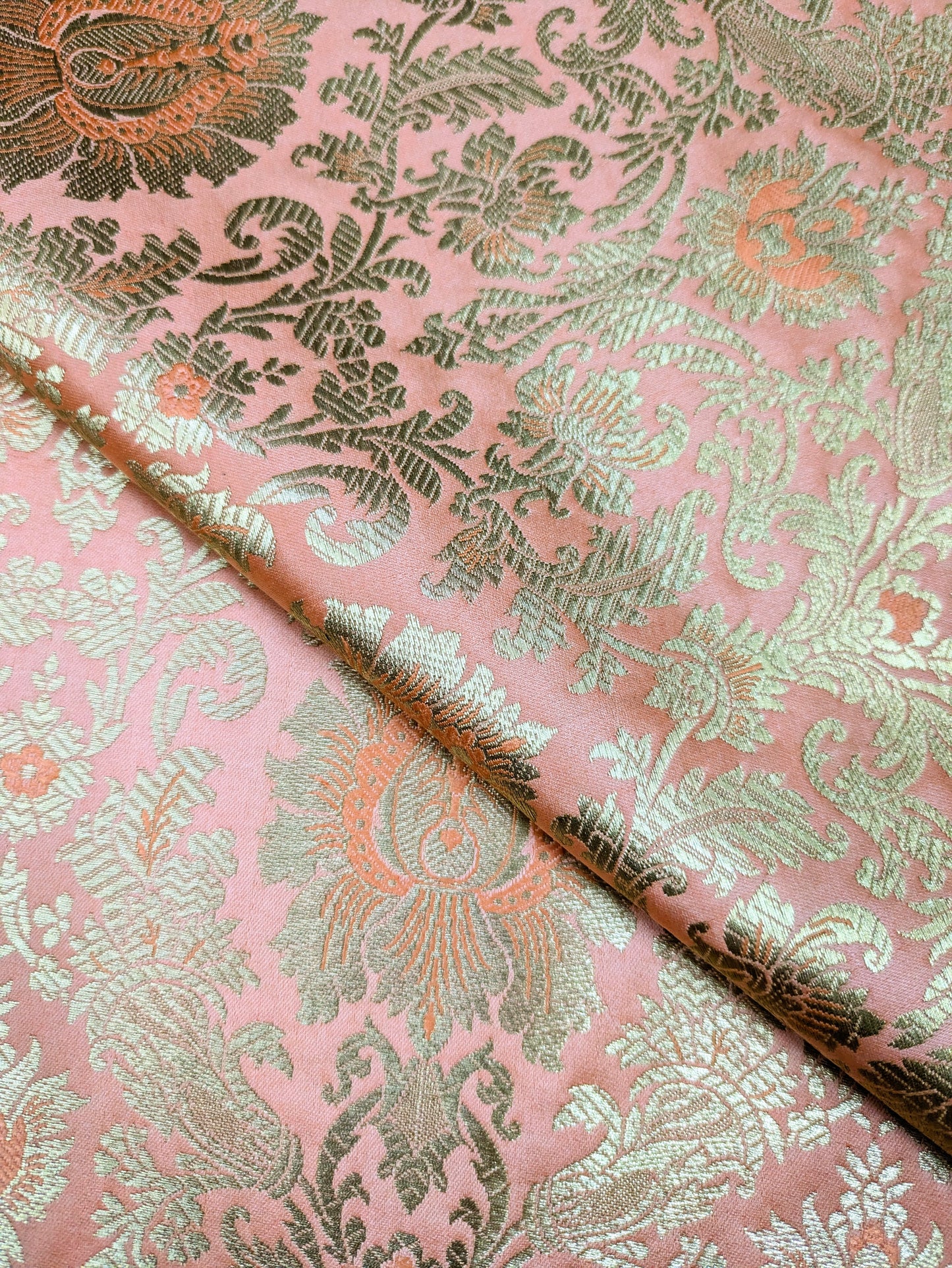 Indian Brocade fabric Jacquard damask fabric Peach Gold fabric Wedding bridal fabric Luxury dress fabric Upholstery fabric by the yard - NFAF05