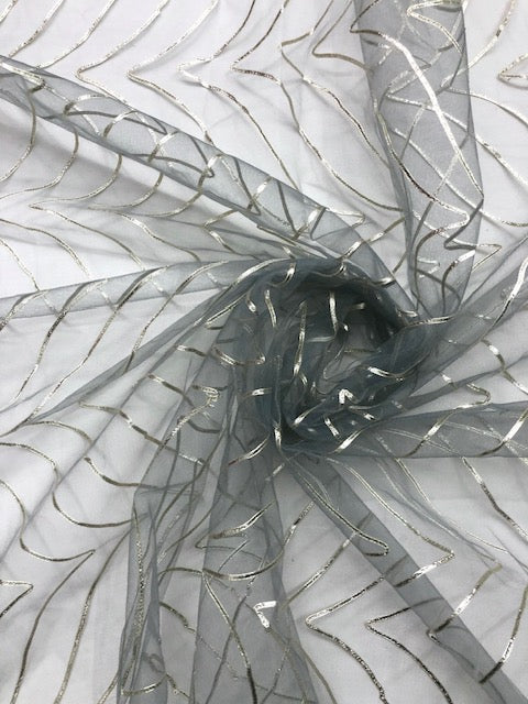 Gray Gota Patti Tulle Net Indian Fabric, Bridal Wedding Dress Fabric, Multiple lengths will come in the continuous piece - NF1027